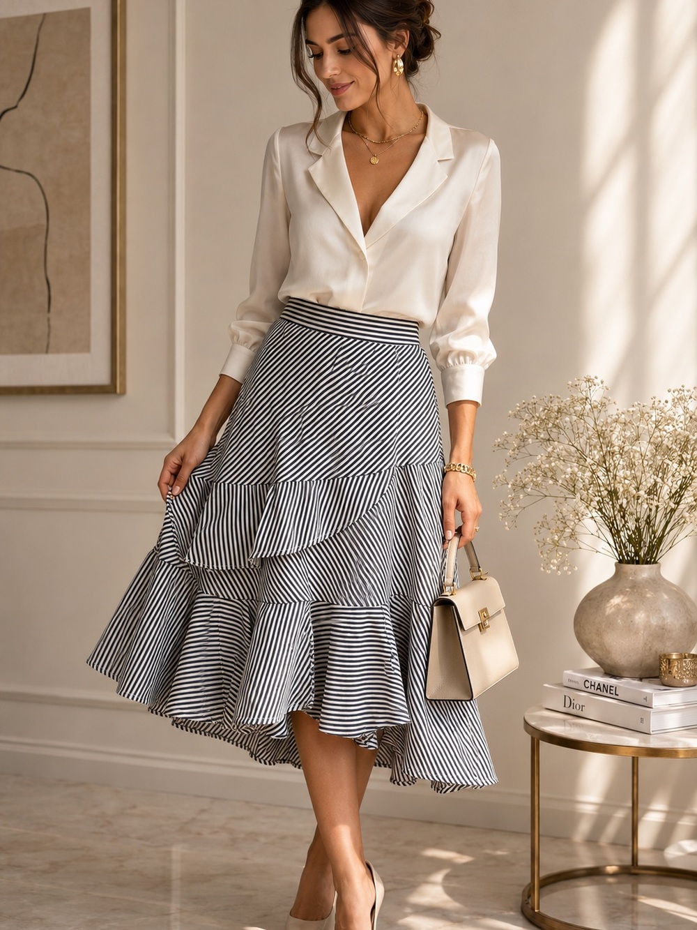 Navy & White Striped Ruffle Midi Skirt Elegant Feminine Size L